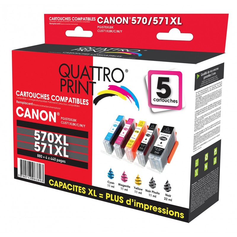 Pack de 5 Cartouches d'Encre Compatibles Canon PGI-570XL - CLI-571XL