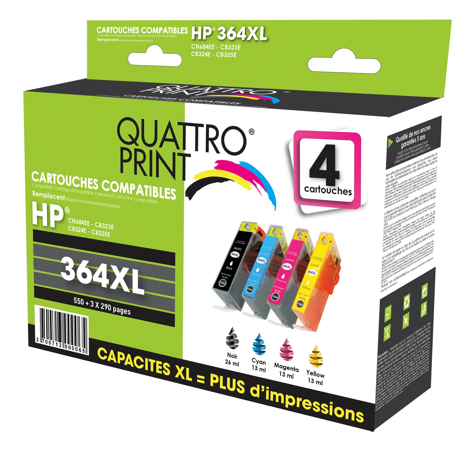 Jarbo Remplacer pour HP 364 XL Cartouche D'encre 4 couleur 2set 2noir  Grande Cap