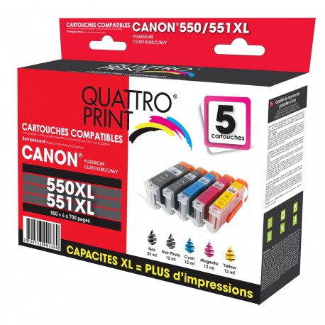 Pack 5 cartouches Quattro Print compatible Canon PGI-550XL / CLI-551XL
