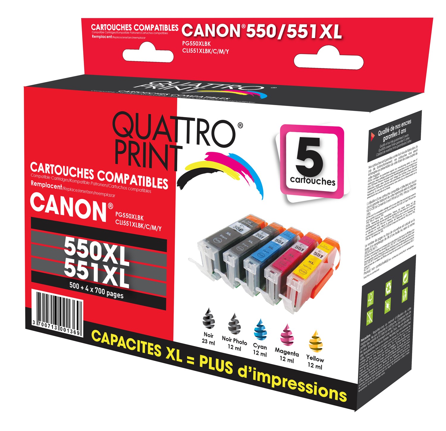 Pack de 5 Cartouches Compatibles Canon PGI-550XL / CLI-551XL
