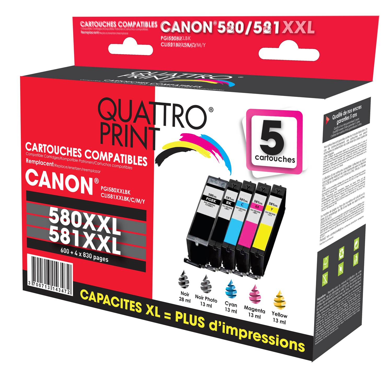 Pack de 5 cartouches compatibles Canon PGI580XXL CLI581XXL